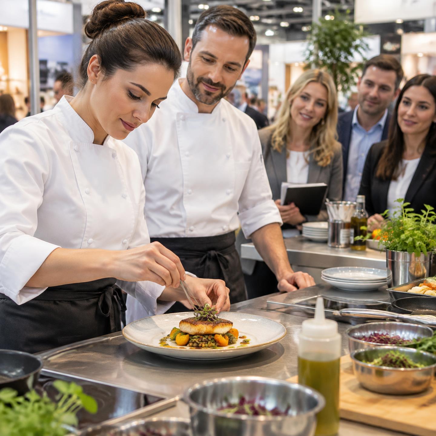 Illustrative chefs demonstrating restaurant plating to hospitality buyers