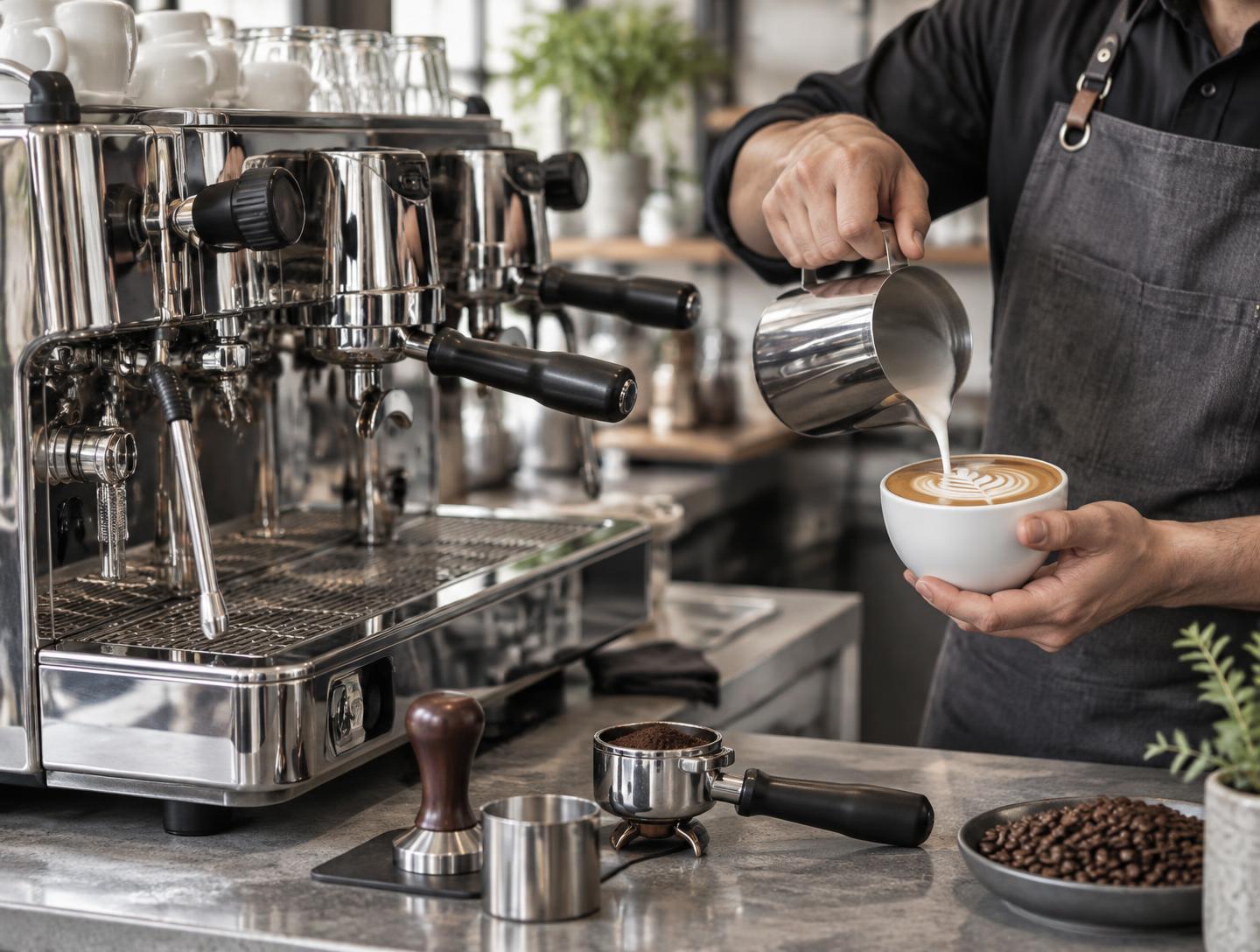 Illustrative professional espresso machine and latte preparation